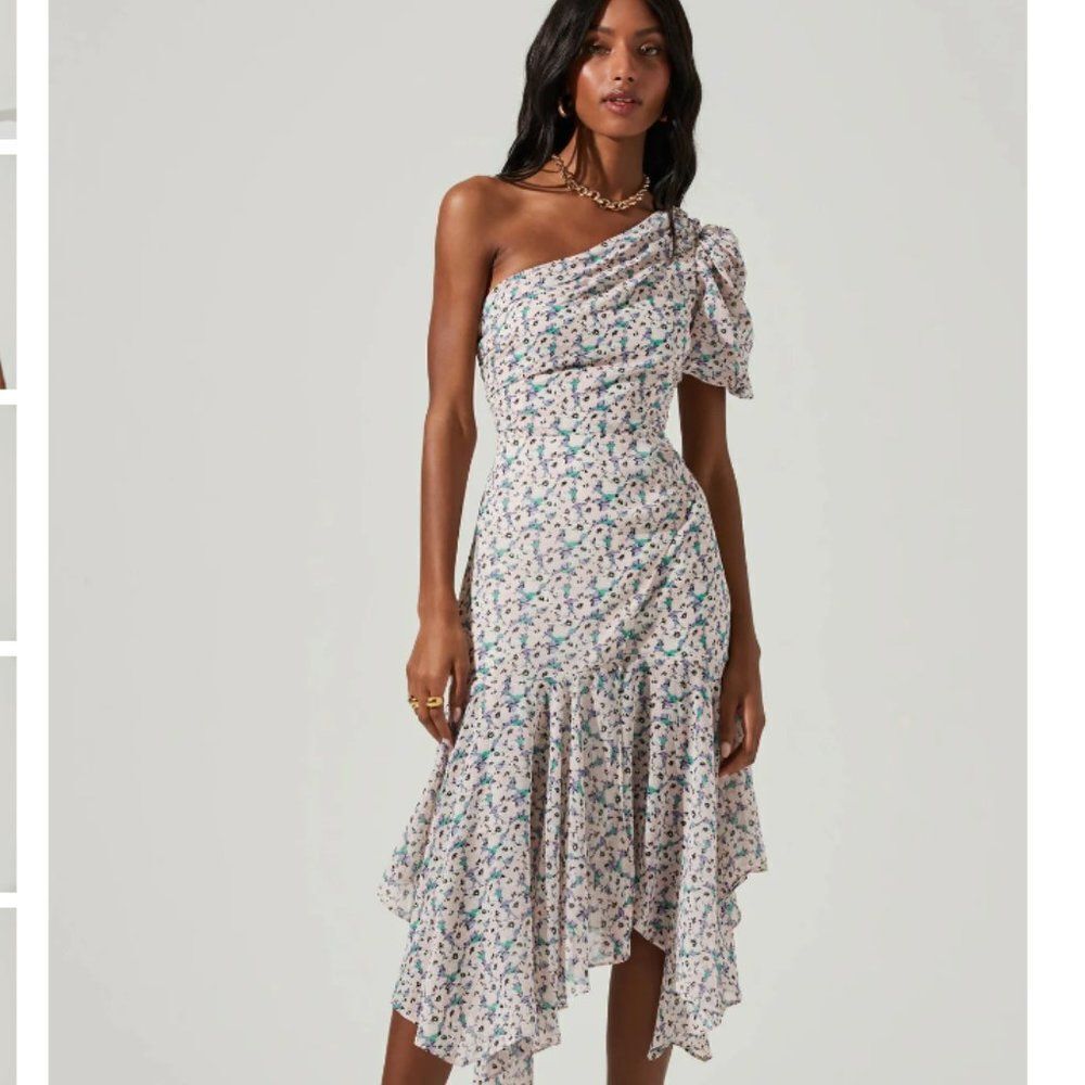 Astr One-Shoulder Floral Dress - White and Blue - Picture 2 of 14